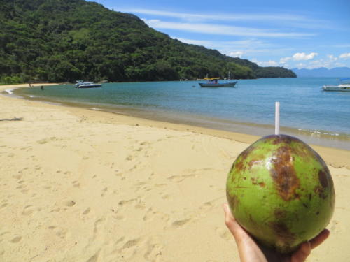 Disfrutando del agua de coco en Ilha Grande